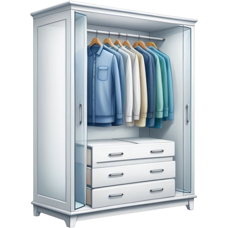 Icon for Furniture Design: a semi-transparent sketch of a wardrobe with a 3D model, pencil strokes, and development metrics. Without dress. The icon should represent the process of creating and refining furniture design. Transparent background. emoji