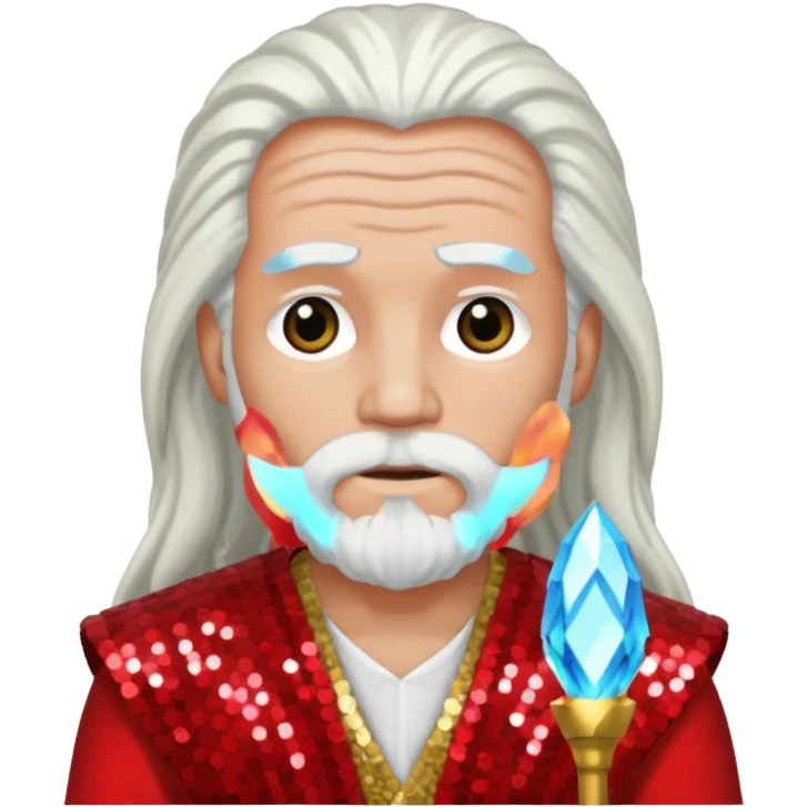 Moses from The Bible with long white hair, red sequin outfit emoji