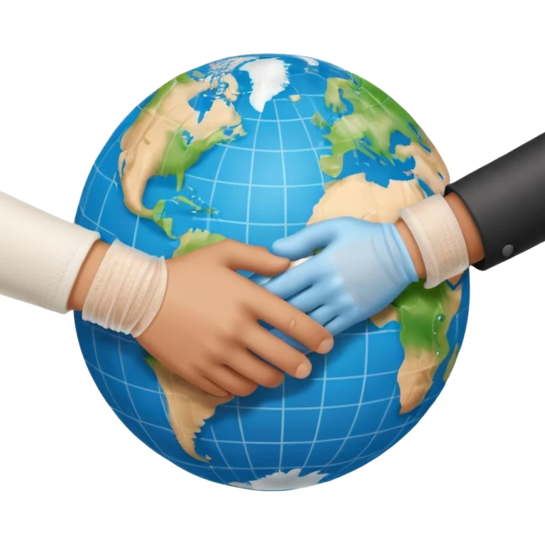 instead of two hands holding a globe, we have two hands handshaking in front of a globe. And in the background, we can see that the globe has a bandage or something. The handshake shows negotiation and the bandage around the globe shows improvement on climate change. Negotiation and climate change.  emoji