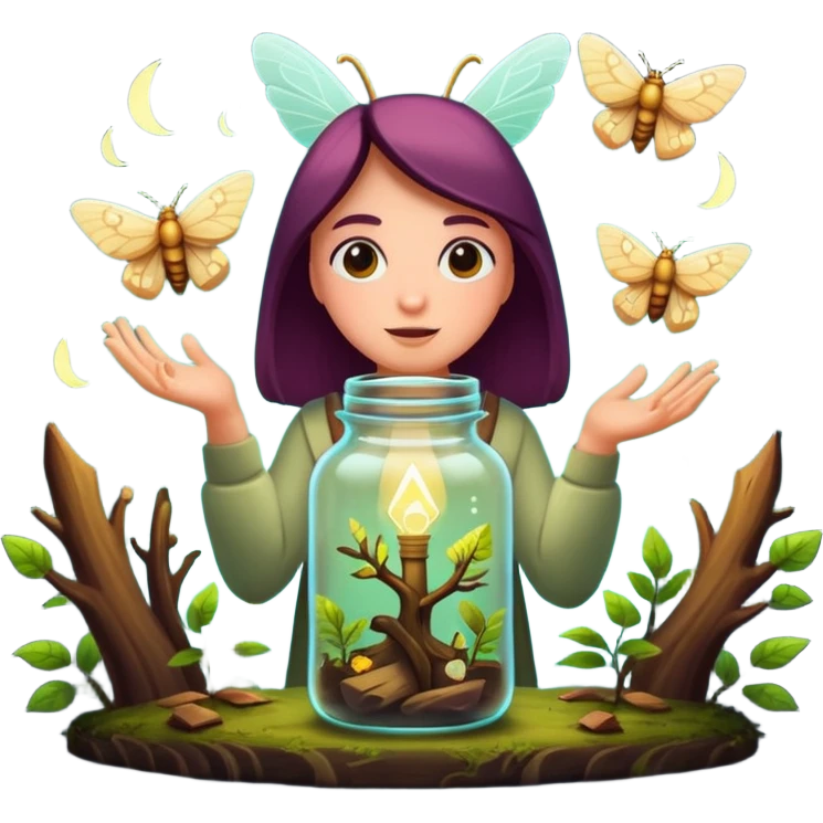 forest mystic character catching glowing idea moth in jar emoji