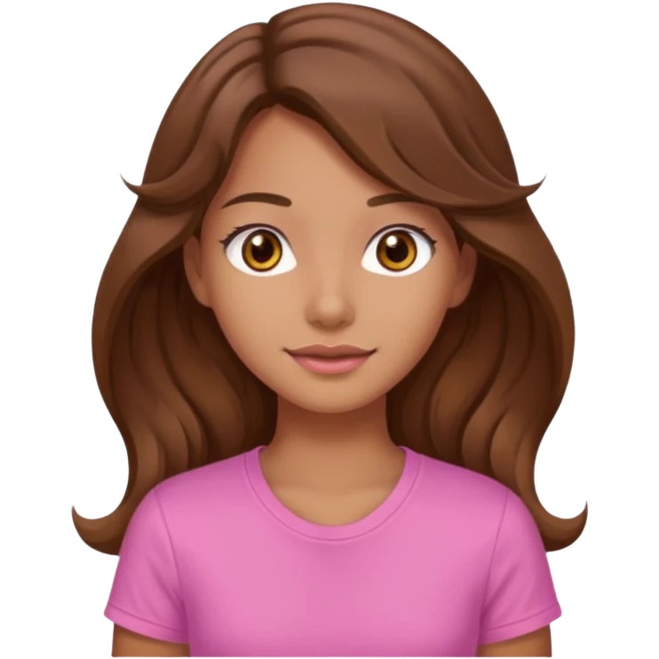 A pretty girl with tan skin and long wavy hair, wearing a pink basic shirt with brown eyes emoji
