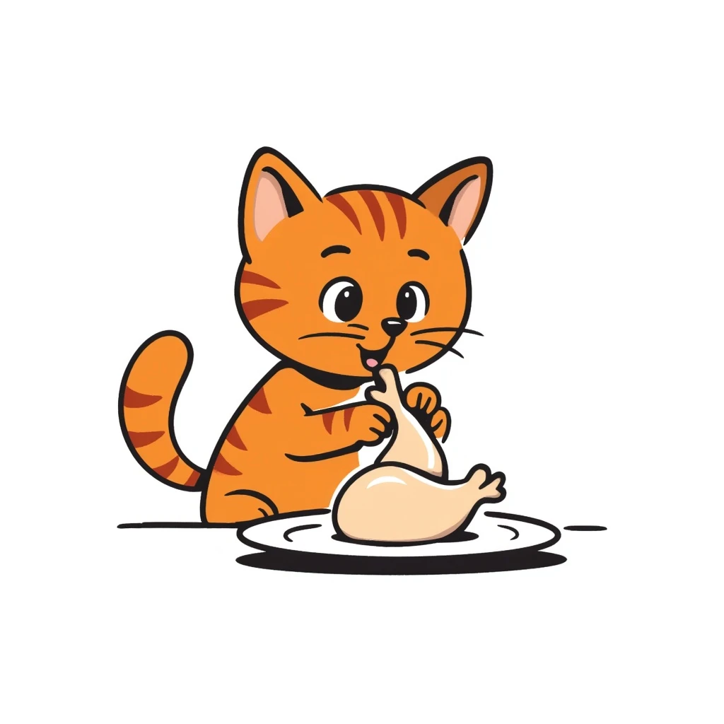 orange cat with orange eyes eating a chicken thigh from a plate, hand drawn doodle style emoji