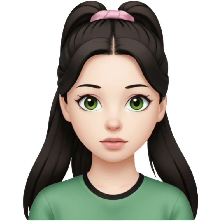 create an emoji of a young woman. She has a kind look, with long light brown hair in a single ponytail with a black hair tie, dark green eyes, pale skin, natural soft pink lips. she wears a green y2k top emoji