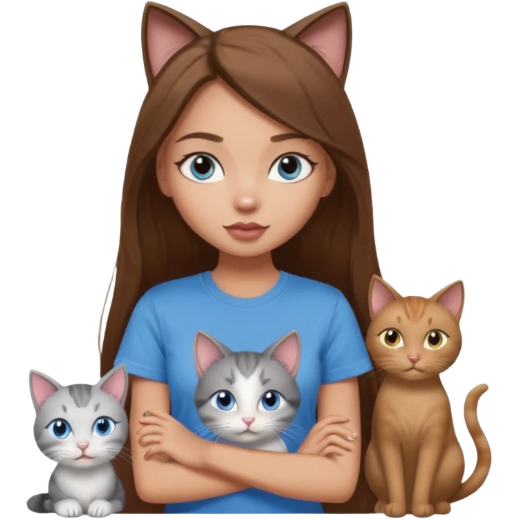 a pretty bratz dusky light skin girl with long brown hair, blue eyes with six cats nd wearing a grey tshirt emoji