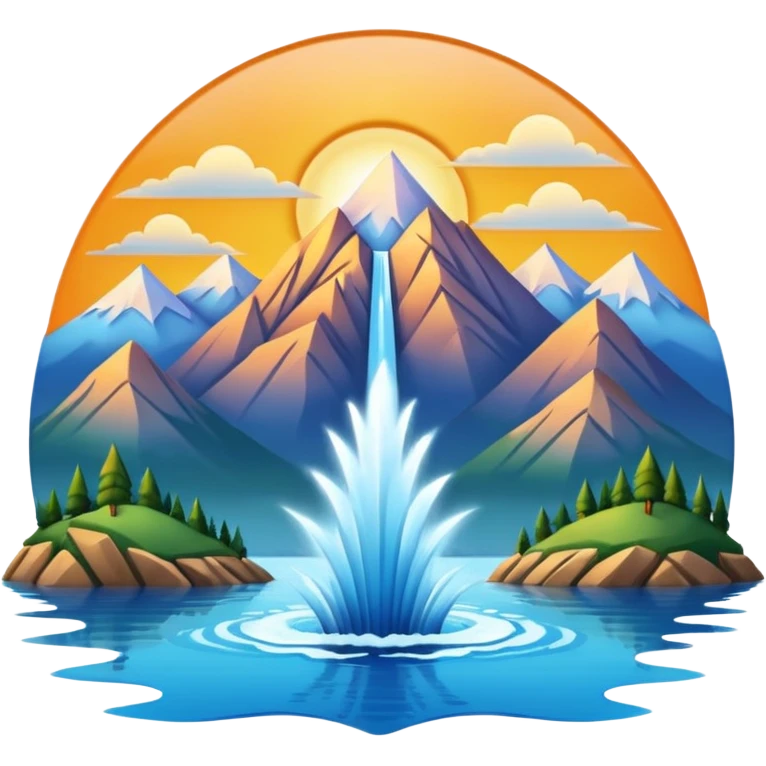 Please generate an image of a sunrise illuminating a lake with a huge water jet pointing only in one direction (upward and then down on one side) like that in the Geneva lake and some mountains in the background. emoji