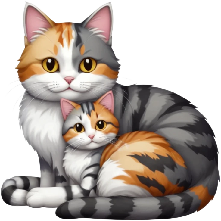 full body colourful light patched calico + white tabby cat cuddling a bigger cat that is dark grey and white tabby cat  emoji