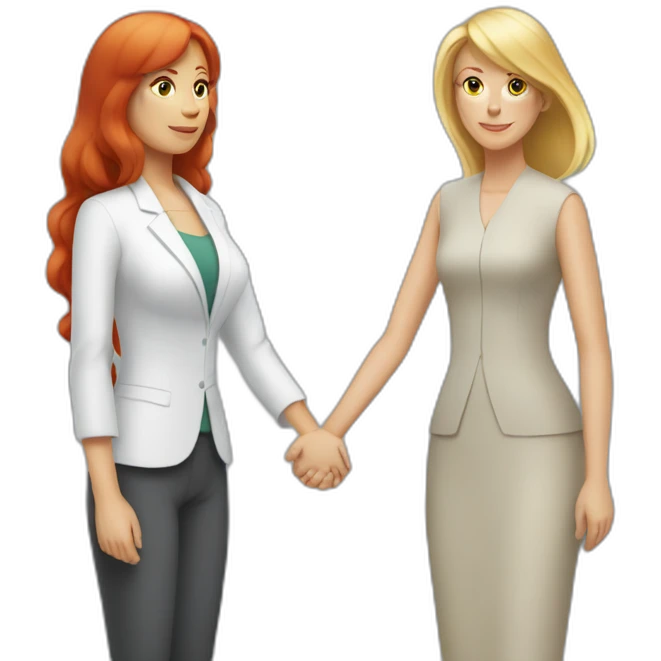 Middleaged female CEO with Long red hair and bangs holding hands with middleaged blond woman with short hair emoji