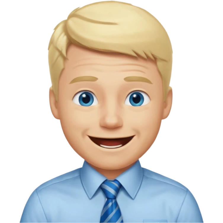 A guy with blonde hair and blue eyes that looks masculine. make him wear a shirt with a tie. he is danish. He is laughing extremely hard. More extreme expression emoji