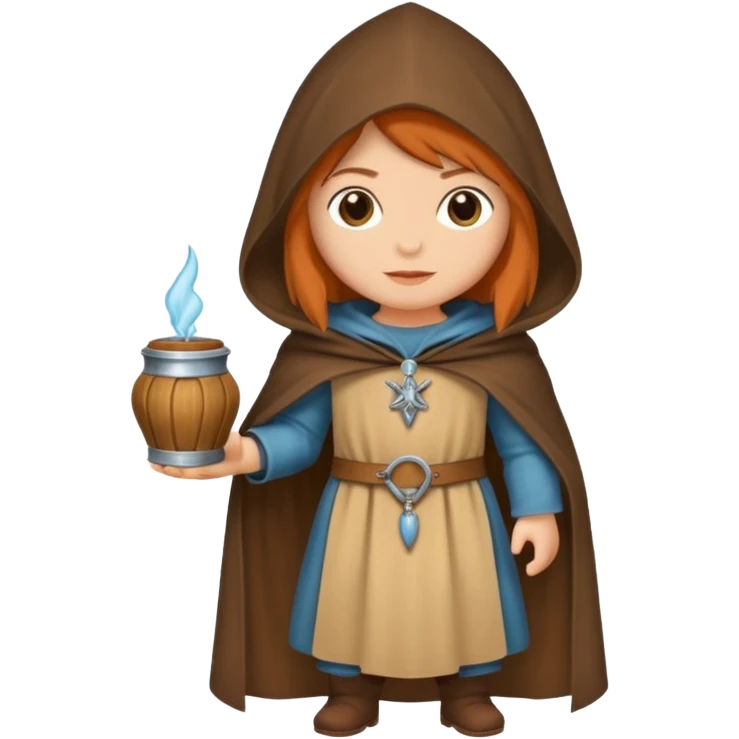 vorrei un piccolo buffo pellegrino medievale con abito e cappuccio marrone sotto la pioggia in stile stickers  emoji