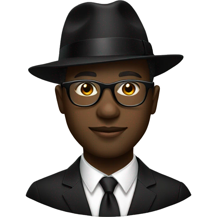 Black Man in all black dress with black fedora and gold oval glasses emoji