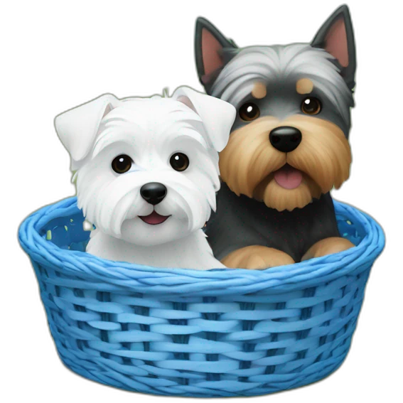 West Highland white terrier and fat dark blue dog in way too small dog basket emoji