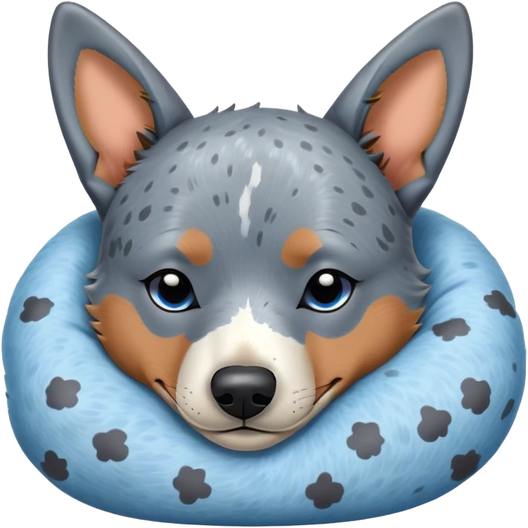 Meme-Worthy Cute Sleeping Blue Speckle Australian Cattle Dog Portrait Emoji, Head resting peacefully with a contented smile, showcasing a robust build and a luxuriously soft blue speckle Fur, eyes shut in a serene nap, Simplified yet hilariously adorable features, highly detailed, glowing with a soft, drowsy light, high shine, relaxed and utterly lovable, stylized with an air of playful laziness, bright and heartwarming, soft glowing outline, capturing the essence of a comically sleepy herder, so meme-worthy it feels like it could instantly become the next viral sensation of adorable slumber! emoji