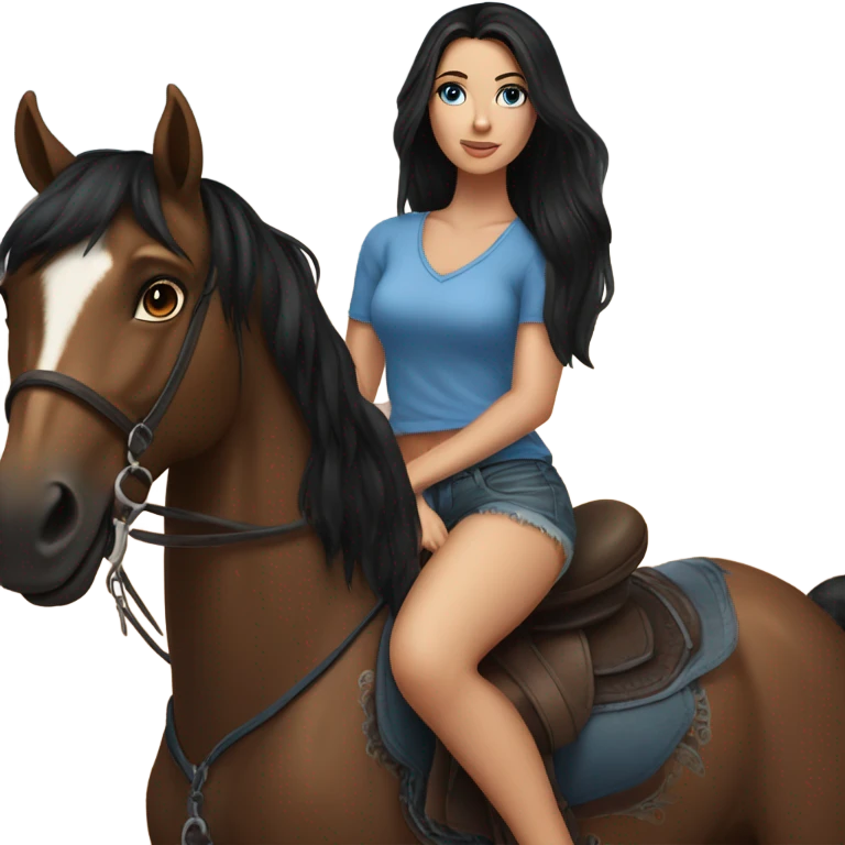 very pretty brunette with blue eyes and long black hiar wearing shorts and a thigh tattoo riding big brown horse  emoji