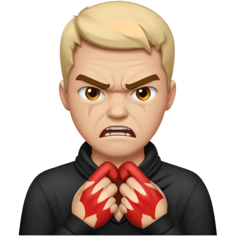 a bust of a person with both their hands around their neck with a angry face emoji