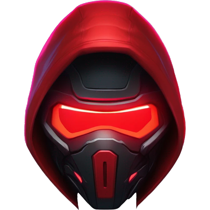developer behind his laptop with this style : crysis Cyberpunk Riot Games Valorant neon glowing bright red character red dark black hooded assassin themed character emoji