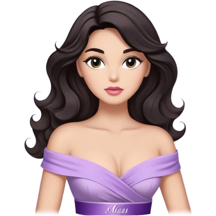 A woman with almond-toned skin, dark voluminous hair in waves, expressive eyes with soft lashes and shimmer, full lips with a glossy nude-pink color, wearing a lavender top and a white sash with “Miss San Juan” in black letters, exuding elegance and confidence emoji