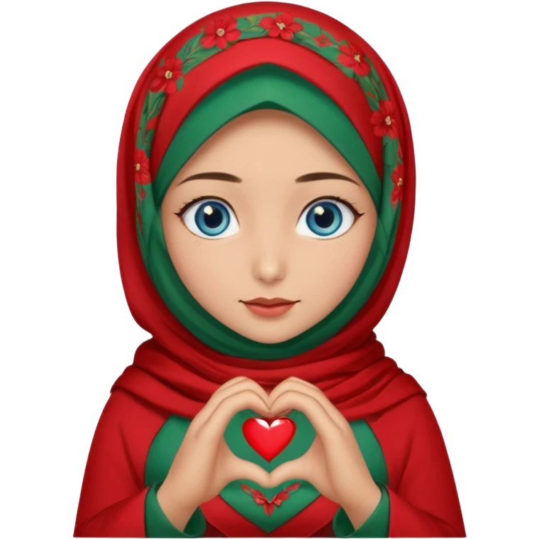 Turkish beautiful finish Konya girl blue eyes with red floral hijab and green red dress and she make heart with hands emoji