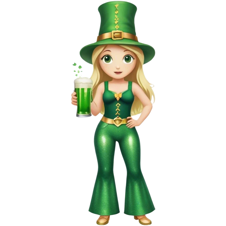 Blonde haired girl in glittery green bell bottoms and tall leprechaun hat holding a green beer emoji
