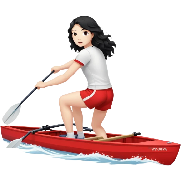girl with long black wavy hair, white skin, wearing red shorts and white short-sleeve t-shirt, doing Olympic rowing in a long thin racing boat, facing fully right, slightly from a distance emoji