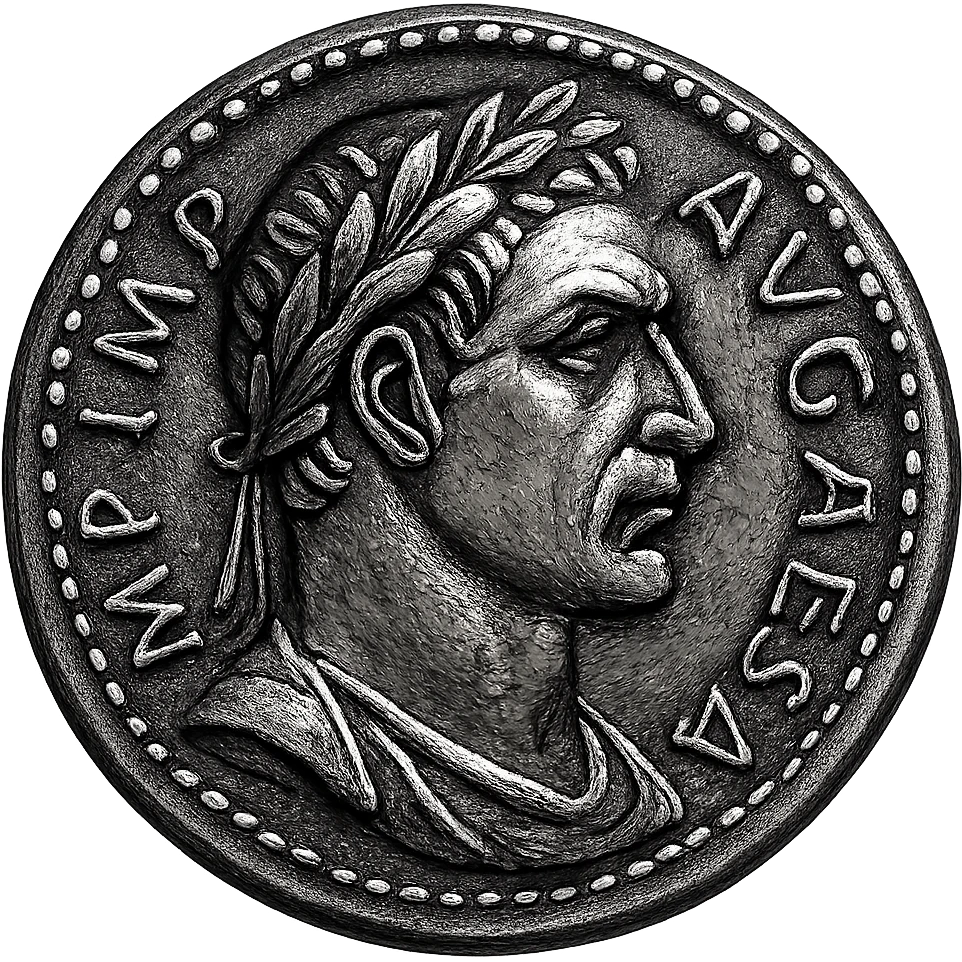 Generate an imperial coin icon in the style of the reference image, but with a more pronounced laurel crown and bolder facial features, transparent background. Maintain the ancient Roman engraving style with strong lines and classic details. emoji