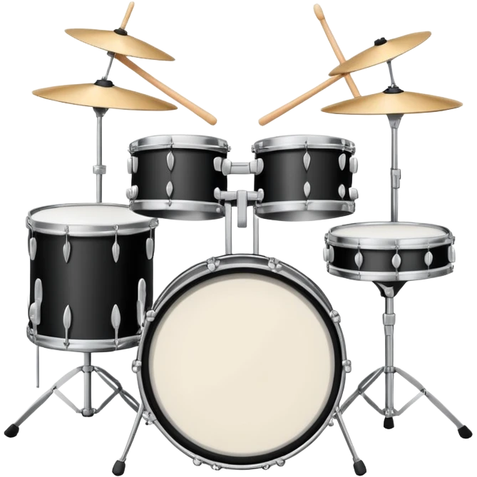 Minimalistic flat vector icon, iOS style, thin black contour on white background. Drum set with two drumsticks above. Clean, no text, no shadows emoji
