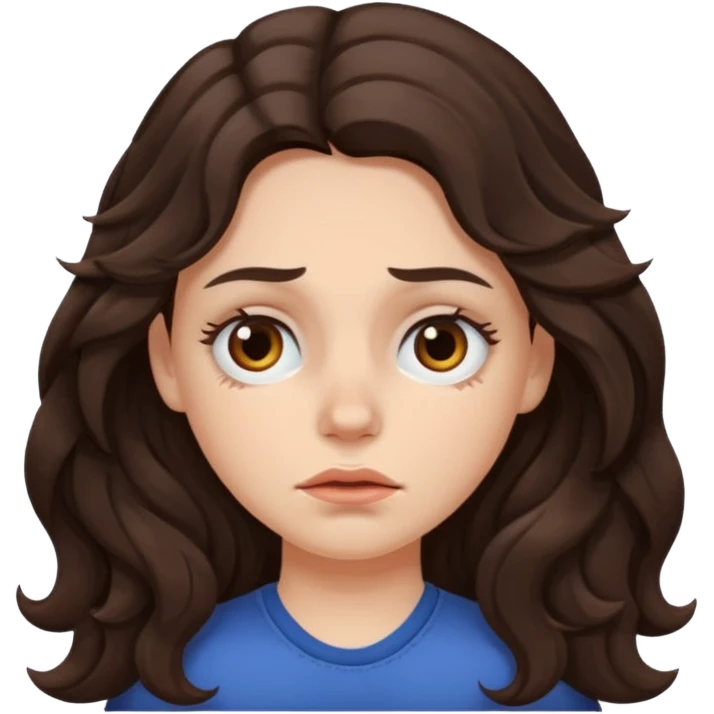 A white girl with long dark brown wave hair and patches under her eyes emoji