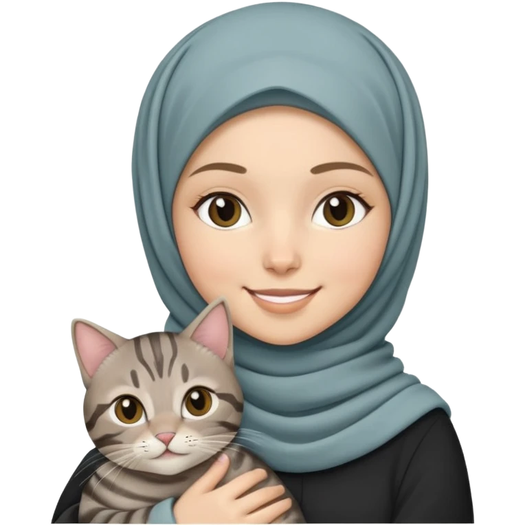 White girl wearing hijab holding a black grey tabby cat while smiling emoji