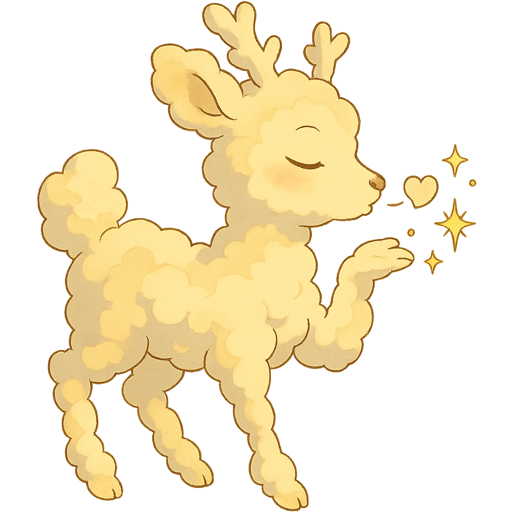 gentle cream yellow cloud doe in Ghibli style, sending a sparkling kiss emoji