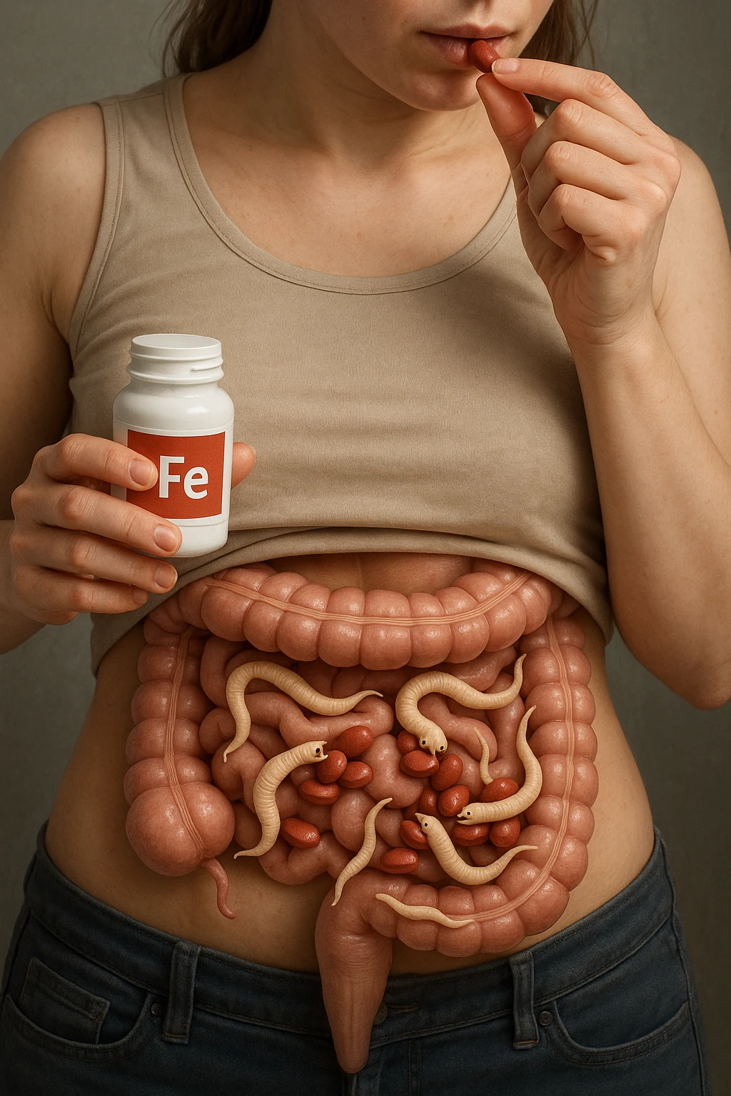 donna con parassiti intestinali che prende integratore di ferro, ma lo mangiano i suoi parassiti. Immagini realistiche emoji