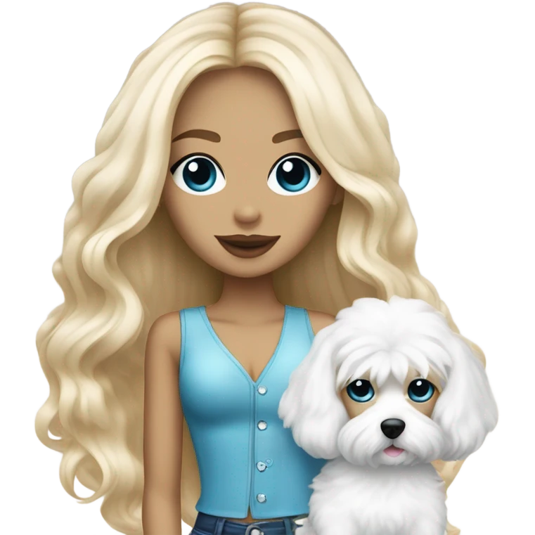 White Cute long haired Blonde and blue-eyed girl fashion nightclub outfit and holding white cavachon dog emoji
