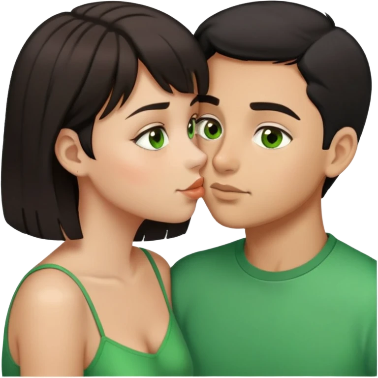 Boy with short beard and mustache and black hair brown eyes kinda tan kissing girl brown hair green eyes a little tan emoji