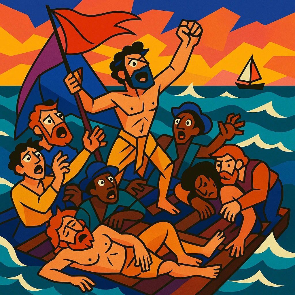 vibrant toon style Le radeau de la Méduse, expressive faces, dynamic sea, colorful emoji