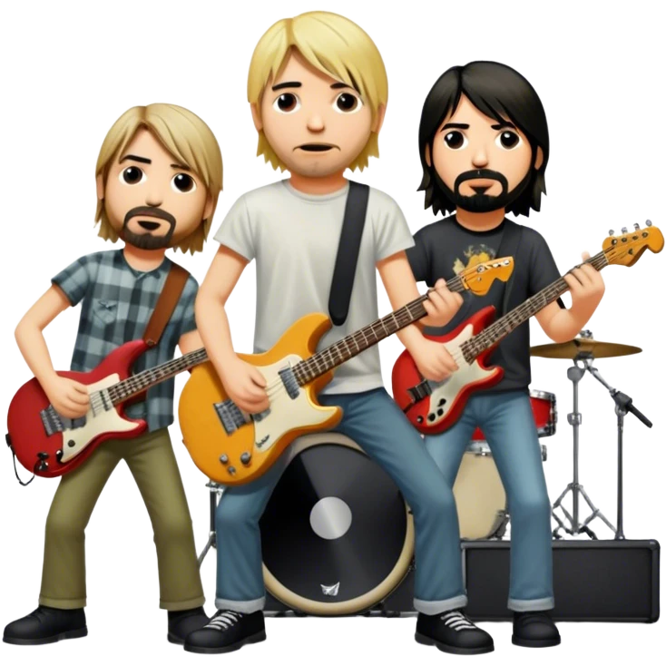 Icon for Rock Music: Nirvana performing on stage with Kurt Cobain on guitar and vocals, Krist Novoselic on bass, and Dave Grohl on drums. A grunge-inspired vibe with dynamic stage lighting and musical energy. Transparent background. emoji