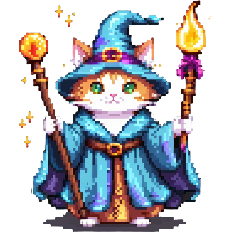 A cat wizard casting a spell with magical staff and flowing robes emoji