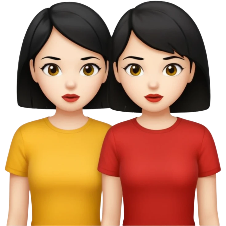 2 girls gossiping. both are fair and have black hair. One has short hair, one has long. One is wearing yellow, one is wearing red emoji