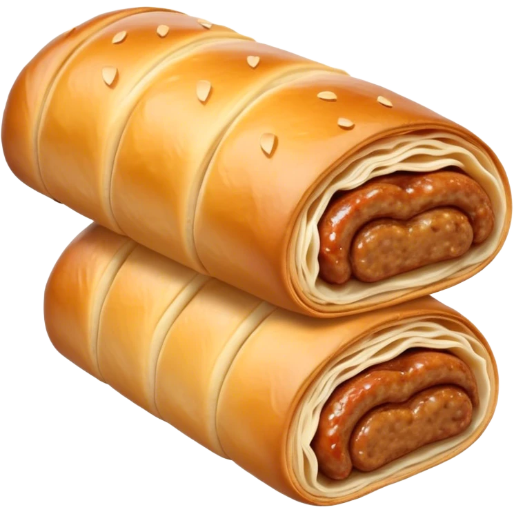 cinematic-realistic-sausage-roll-dish-emoji,-depicted-with-a-crisp,-golden-pastry-wrapped-around-flavorful-sausage,-rendered-with-detailed-textures-sitting ona.     plastic wrapper unrapped  emoji