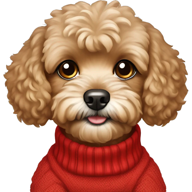 Dog brown Maltipoo wearing red pullover  emoji