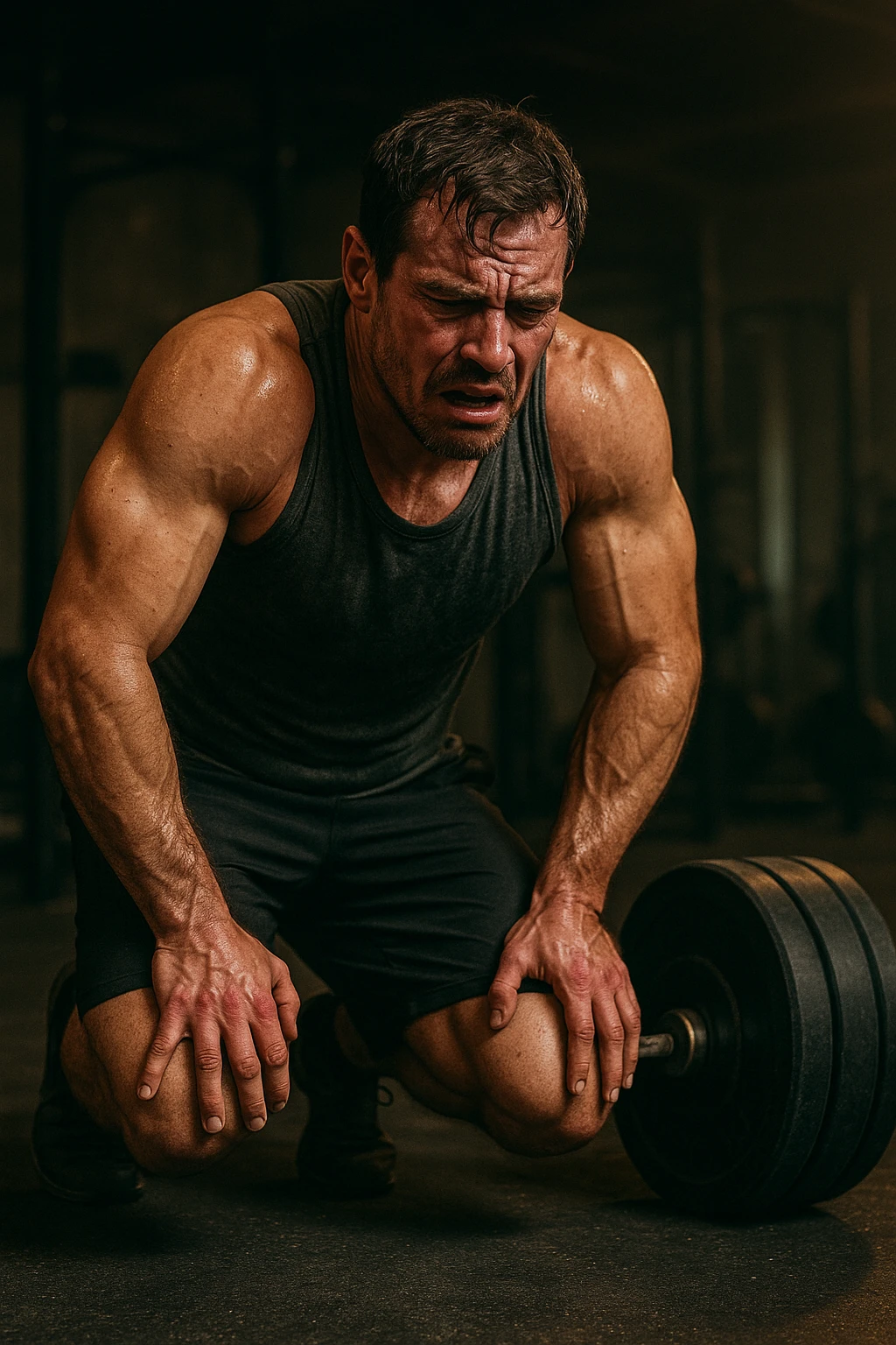 Uomo in palestra durante un allenamento, piegato su sé stesso con le mani sulle ginocchia, sudato, visibilmente esausto. Ha un'espressione di frustrazione e affaticamento estremo. Pesi pesanti accanto a lui, atmosfera intensa, luci soffuse. Il corpo mostra segni di sforzo eccessivo e accumulo di fatica. in italiano emoji
