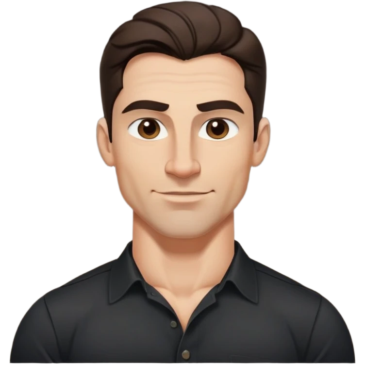 Strong athletic man with buff build, youthful 40s appearance, light brown complexion, elongated face, defined jawline, attractive confident smirk, intense dark eyes, medium eyebrows, straight nose, medium wavy dark hair, wearing a black button-down shirt that shows his muscular build emoji