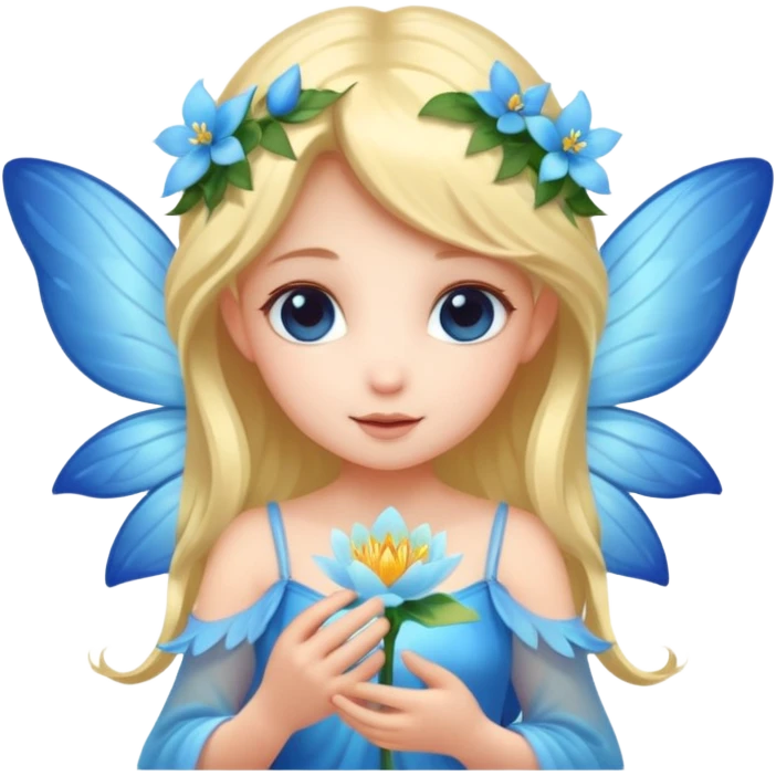 A shy fairy with soft blue wings, gently holding a glowing blossom.
 emoji
