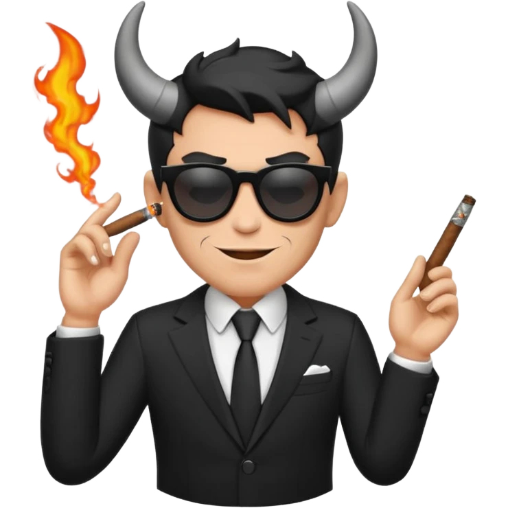 Minimalist emoji-style sticker of a devilish producer in black suit, tiny horns, dark sunglasses, and a smoking cigar, grayscale tones, matte style emoji