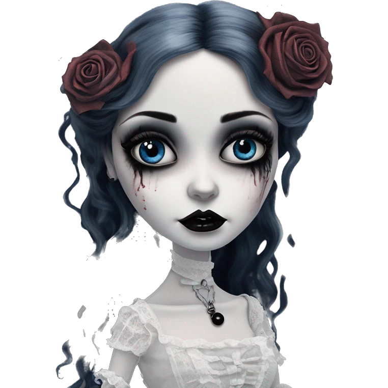 full height tim burton corpse bride, porcelain doll with a cracked face, goth makeup watery huge eyes, long hair, lace and ruffles, lolita style, inked, black and white, red roses emoji