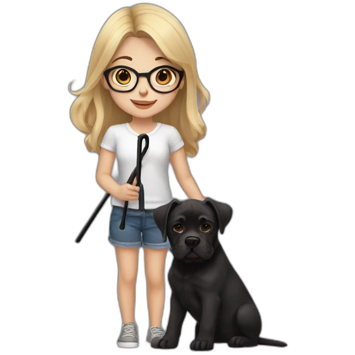 Blonde girl with black glasses and Brown eyes holding a black cane corso puppy emoji
