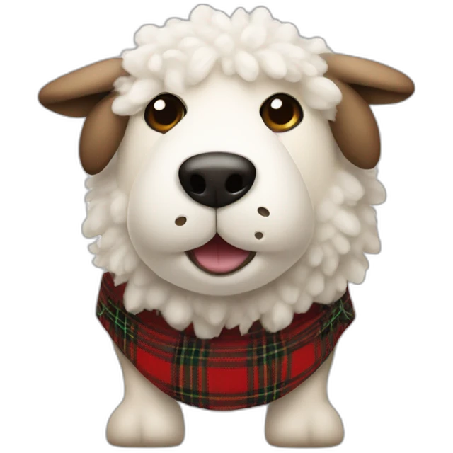 A plush sheep dog with tartan ears and belly button. Its head is oval emoji