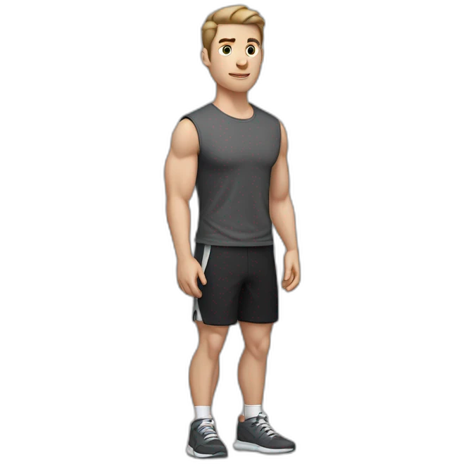 Pale skinned Fit Man With the biceps and dark brown hair in black shirt, gray sports shorts and white Sneakers His right hand near his back of the head emoji