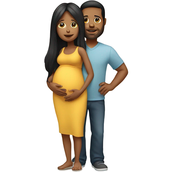 A pregnant woman with black long hair standing next to her husband who is carrying 2 young kids. emoji
