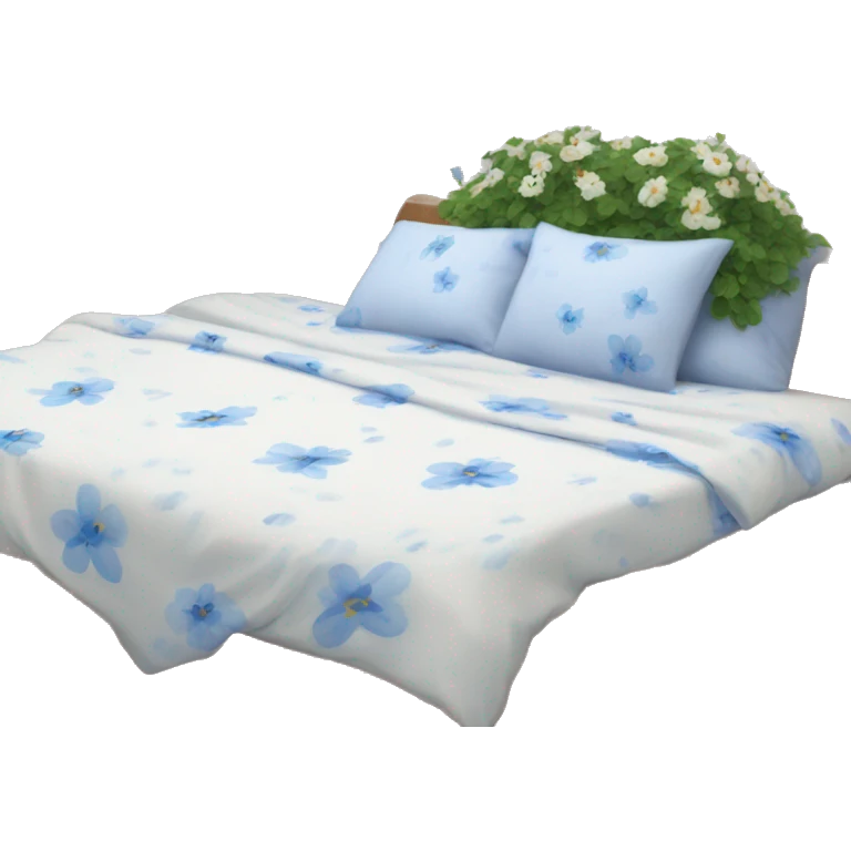 Cosy white  bed with blue smal flower bed sheets emoji