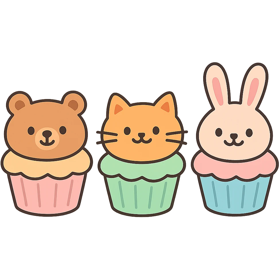 mini cupcakes with animal faces of bear, cat, and rabbit in soft pastel tones, pastel toon style, transparent background emoji