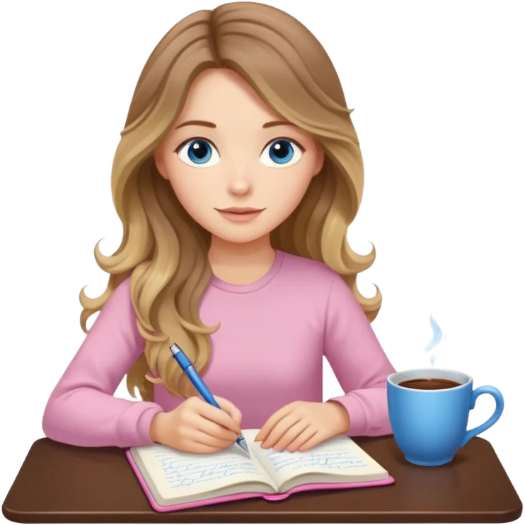 pretty female with long wavy brown hair with blonde highlights and blue eyes writing in a relaxed position in a pink journal with a cup of tea emoji