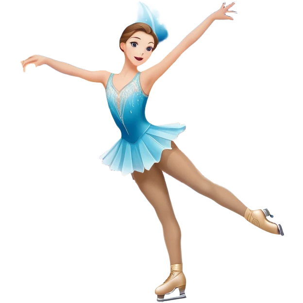 An colorful icon featuring a graceful figure skater performing a spin on the ice. The background includes a grand ice rink palace with shining spotlights and cheering spectators in the stands. Transparent background highlights the elegance and artistry of figure skating emoji
